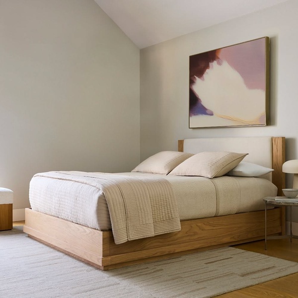wooden bed frame, platform bed, queen bed, king bed, bedroom furniture, brand awareness, lifestyle, minimalist, calm, neutral